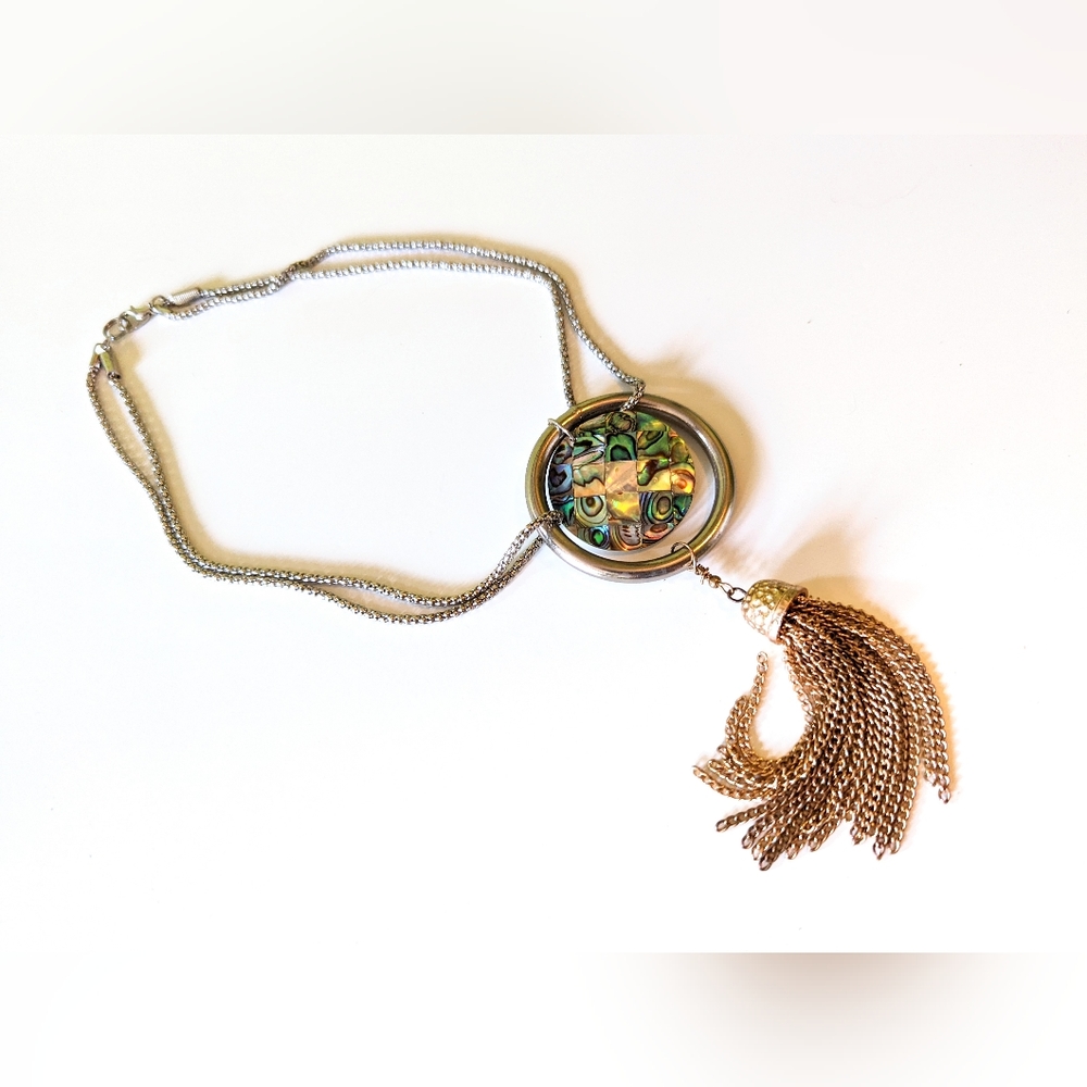Handmade Gold Fringe and Rainbow Abalone Pendant Choker Necklace